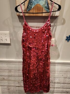 NWT Chaudry Pink Sequin Slip Mini Lined Dress Sz L